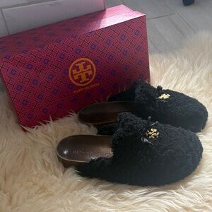 Tory Burch Black Fuzzy Mules